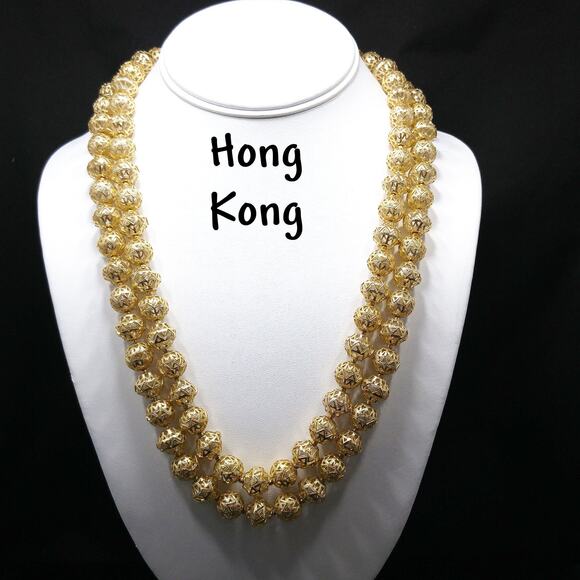 Hong Kong Filigree Bead Necklace – Vintage 1950s Double Strand - Picture 1 of 10